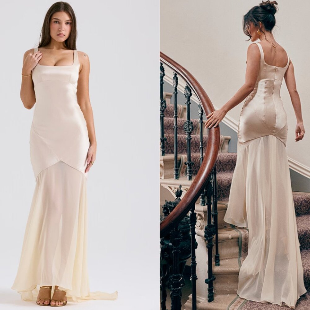 HOUSE OF CB 'Vittoria' Champagne Chiffon Floor Length Gown NWOT